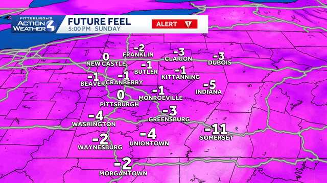 Pennsylvania snow and cold on Sunday, December 14