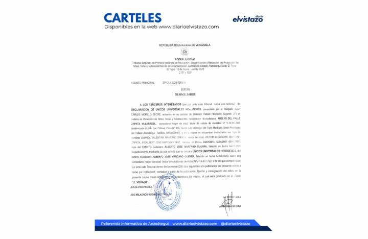 Edicto del Tribunal Segundo de Protección de Niños, Niñas y Adolescentes de El Tigre en atención a una solicitud de Declaración de Unicos y Universales Herederos de Alberto José Marcano Guerra