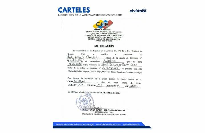 Cartel de Disolución de Unión Estable de Hecho del Registro Civil del municipio Simón Rodríguez en atención a Leda Milenis Guapez y Wender Gonzaga Chacón Daza