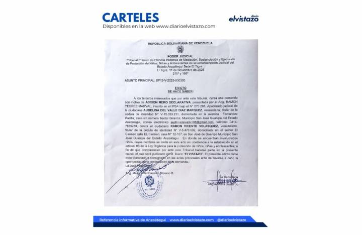 Edicto del Tribunal Primero de Protección de Niños, Niñas y Adolescentes del estado Anzoátegui en atención a Audelina del Valle Díaz Márquez y Ramón Vicente Velásquez