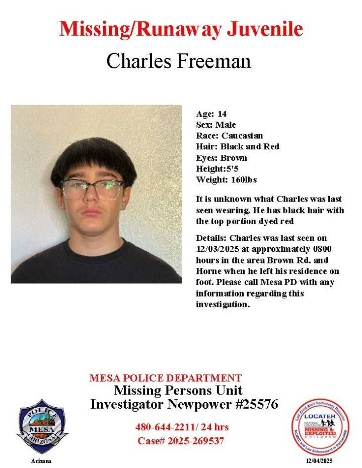 Charles Freeman, 14, missing from Mesa, police say