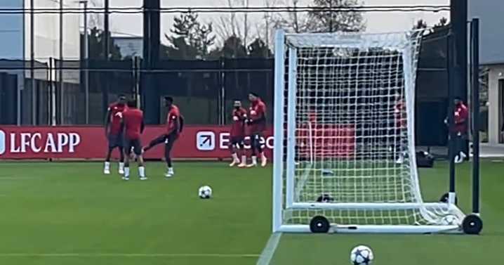 Mo Salah laughs in Liverpool training as team-mate hugs him and Arne Slot gives orders