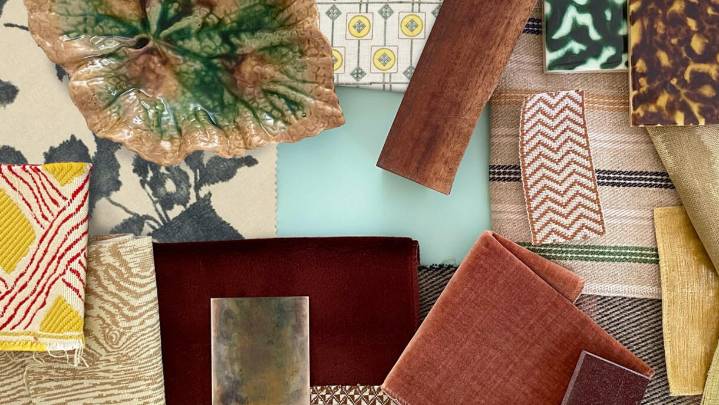 Avery Cox’s glamorous array of chunky corduroy, faux bois fabric and mottled tile