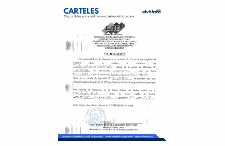 Cartel de Disolución de Unión Estable de Hecho del Registro Civil del municipio Simón Rodríguez en atención a Irmis del Valle Santaella García y Antonio Eurico Sousa Sifontes