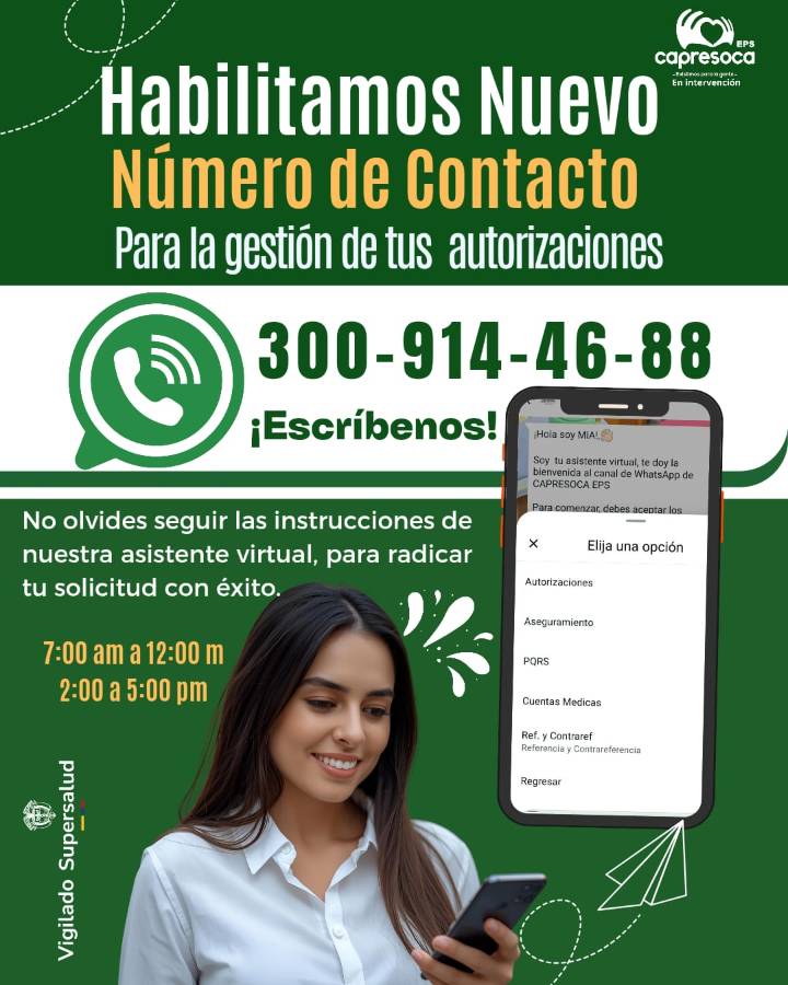 Usuarios de Capresoca EPS: ¡Gestionen sus autorizaciones de servicios de salud, haciendo uso del Canal de WhatsApp!