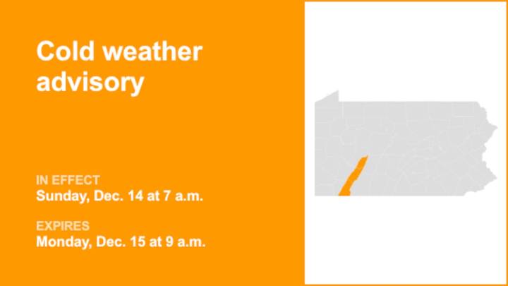 Cold weather advisory in place for Southwest Pa. for Sunday and Monday