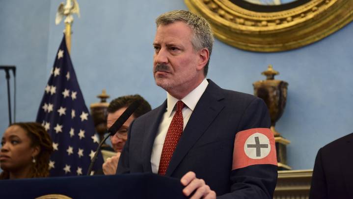 Newly Mustachioed Bill De Blasio Unveils Special Red Armbands For Police Enforcing Lockdown