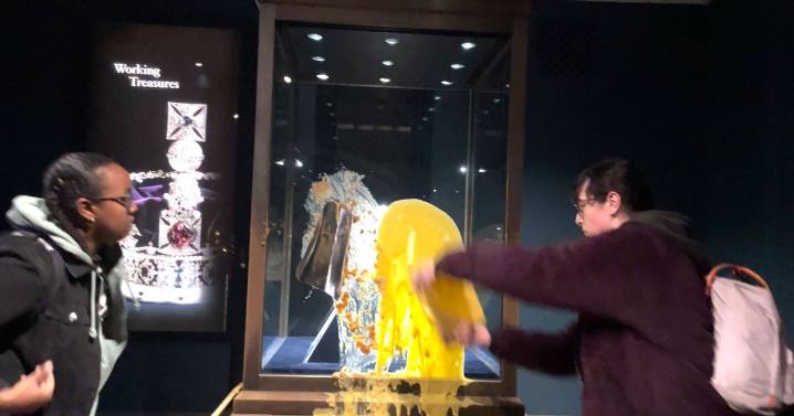 Custard and apple crumble thrown at the Crown Jewels in the Tower of London