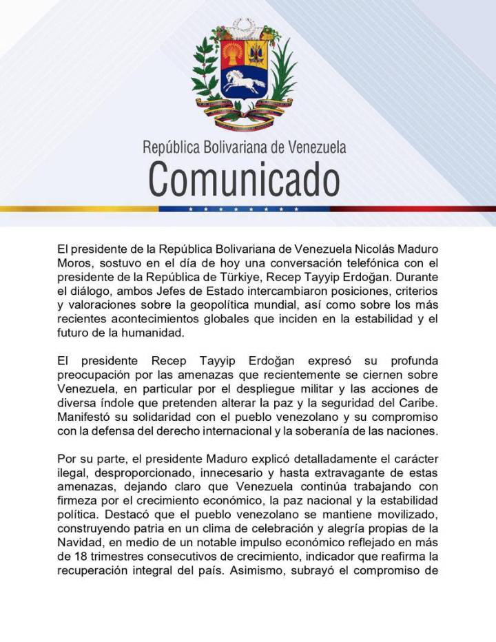Maduro conversó con Erdogan para restablecer «a la brevedad» la conexión aérea con Turquía