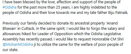 Former Odisha CM Naveen Patnaik announces to forgo salary and allowances hike for LoP