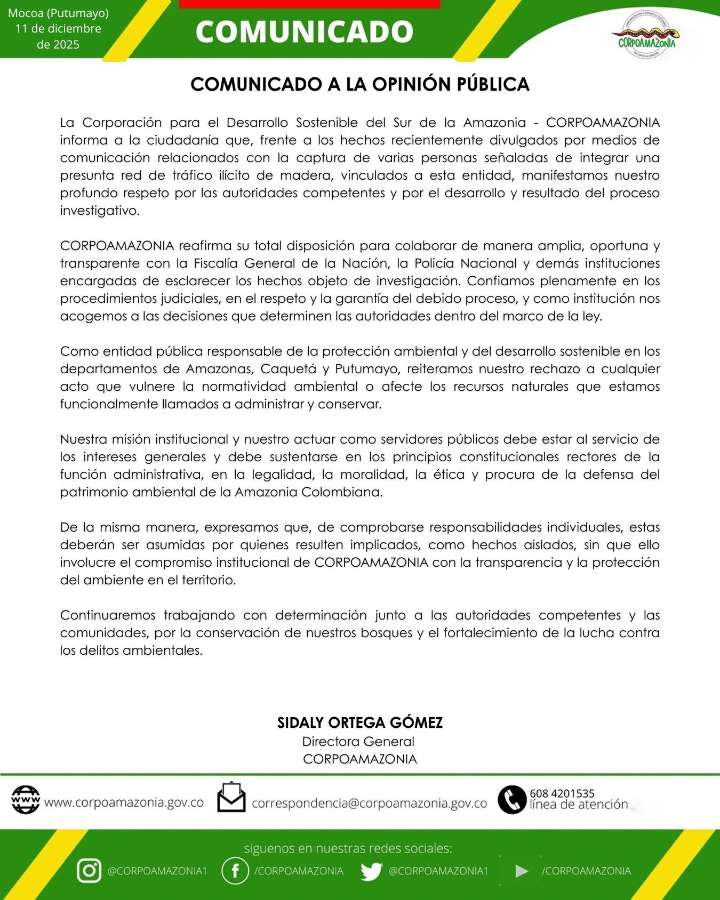 CORPOAMAZONIA Responde a Capturas por Presunta Red de Tráfico de Madera Vinculada a la Entidad