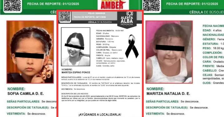 Sofía y Maritza, hermanitas de 6 y 4 años, están desaparecidas luego de que encontraron el cadáver de su madre dentro de un tambo en el río Santa Bárbara, en Uruapan; temen que les haya pasado algo gr