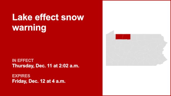 Lake effect snow warning for Warren and McKean counties until early Friday morning