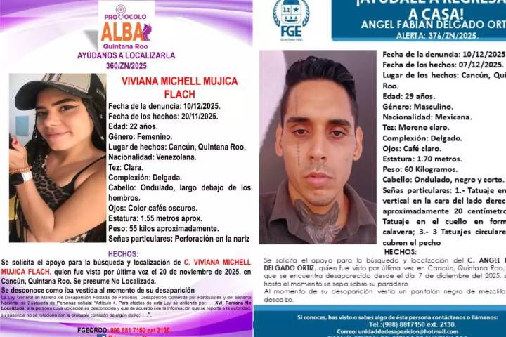 Joven venezolana y mexicano desaparecen en Cancún; activan fichas de búsqueda