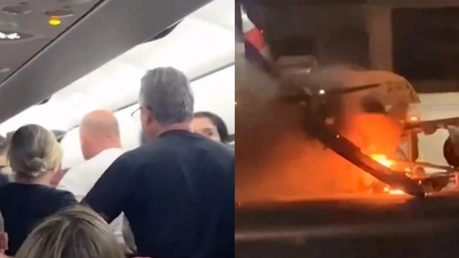 Escenas de pánico en un avión al producirse un incendio y entrar el humo en la cabina