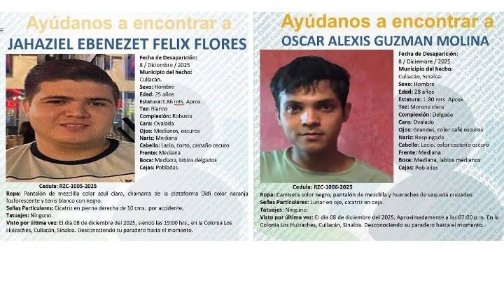 Buscan a dos jóvenes desaparecidos en Culiacán desde el 8 de diciembre