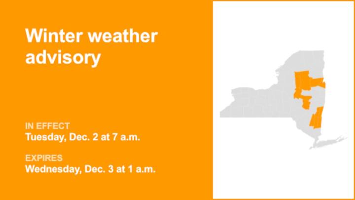 NY weather: Winter weather advisory for part of New York until 1 a.m. Wednesday
