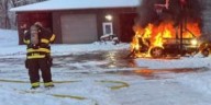 Pickup truck with snow plow catches fire