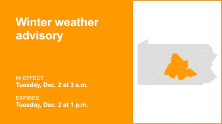 Winter weather advisory for Central Pa. for Tuesday