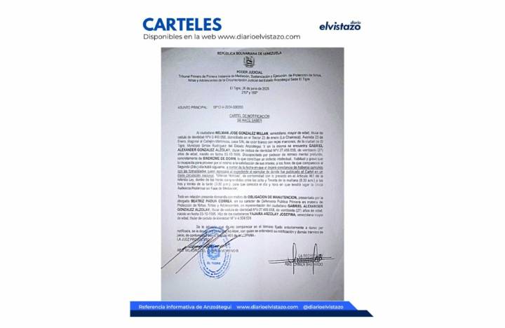 Cartel de Notificación del Tribunal Primero de Protección de Niños, Niñas y Adolescentes del estado Anzoátegui en atención a Nelman José González Millán