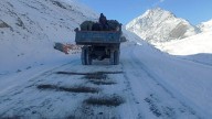 Light snowfall at Zojila Pass causes slippery road conditions