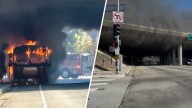 Electric school bus burns under freeway overpass