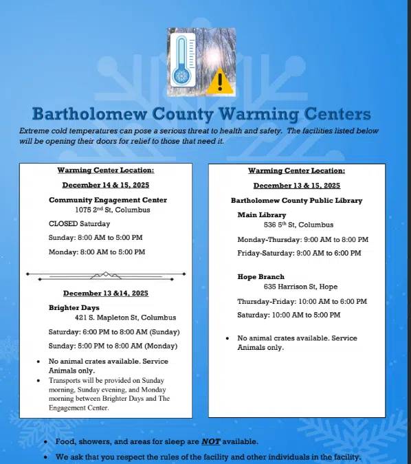 Bartholomew County Warming Centers avaliable during the winter weather