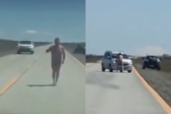 Desnudo y borracho: captan a hombre atacando vehículos en carretera de Magallanes