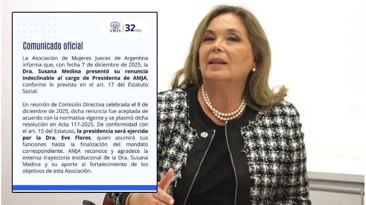 Oficializaron la renuncia de Susana Medina de la Asociación de las Mujeres Jueces de Argentina