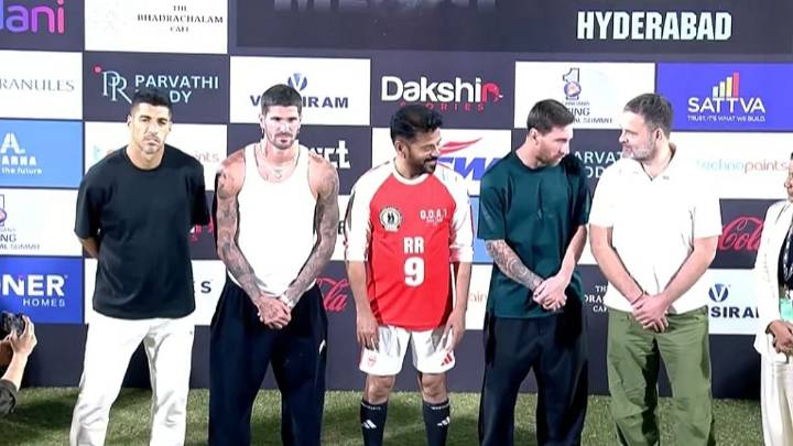 Rahul Gandhi Meets Lionel Messi At Uppal Stadium During GOAT India Tour