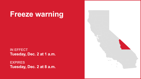 Death Valley National Park placed under a freeze warning Tuesday