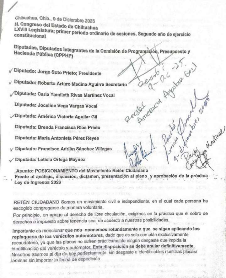 Entrega Retén Ciudadano documento a Comisión de Programación, Presupuesto y Hacienda solicitando modificación para pago justo de Revalidación Vehicular; aquí el contenido