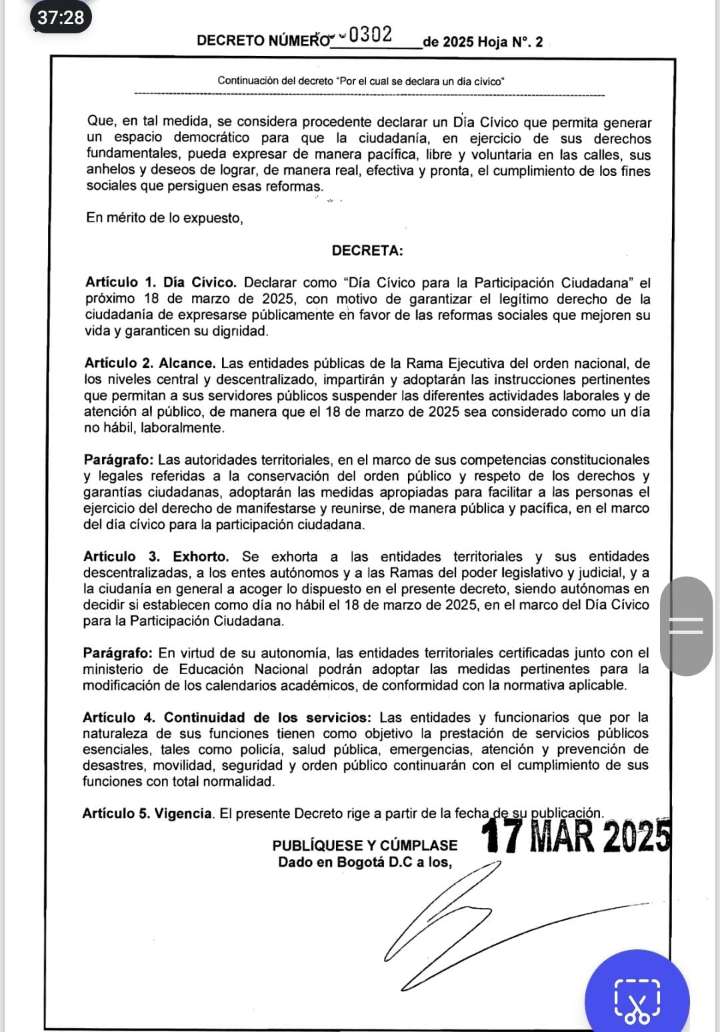 Gobierno nacional expide Decreto 0302 que declara Día Cívico para la Participación Ciudadana este martes 18 de marzo