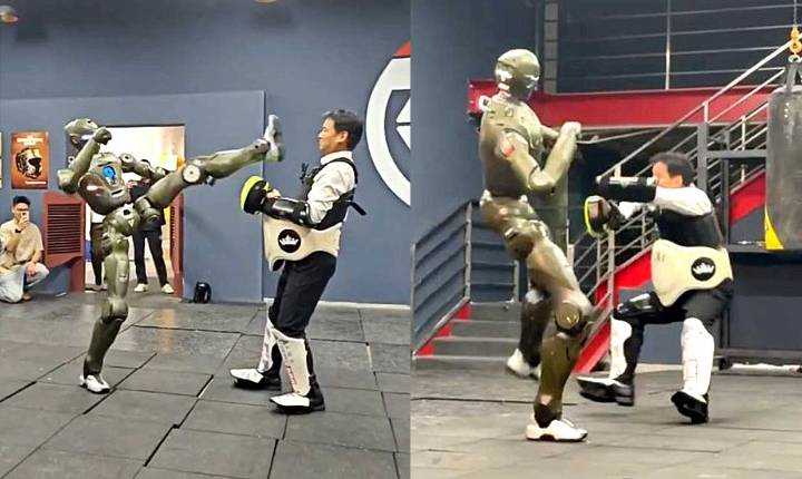 Empresario chino se enfrenta a robot «terminator» y es severamente pateado