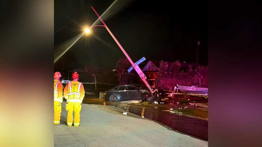 Driver arrested after Tesla crashes into light pole, hydrant in Orange
