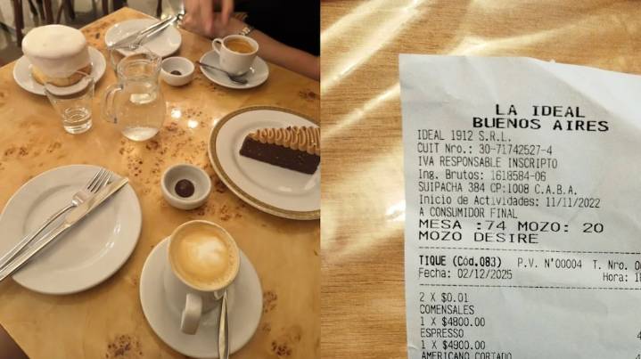 Fue a la Confitería La Ideal, pidió dos cafés, un roll y una porción de torta: mostró el ticket final