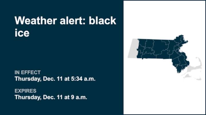 Weather alert announced for black ice in 10 Massachusetts counties until Thursday morning