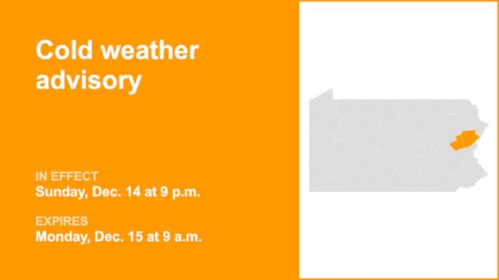 Cold weather advisory for Carbon and Monroe counties until Monday morning