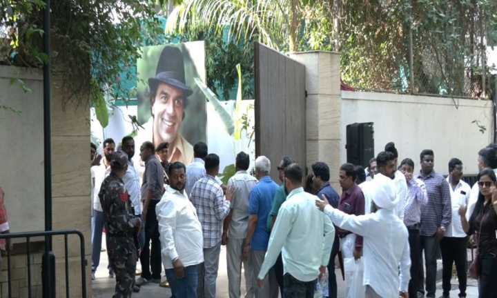 Fans gather outside Dharmendra's residence to celebrate late actor's 90th birth anniversary