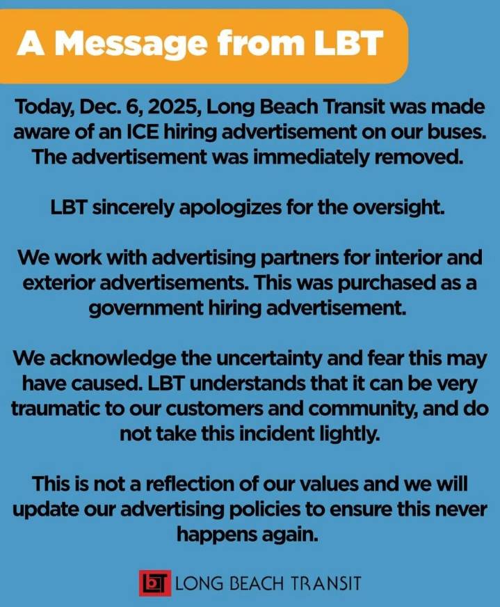 California transit agency apologizes, promises to change policy after ICE recruitment ad seen on bus