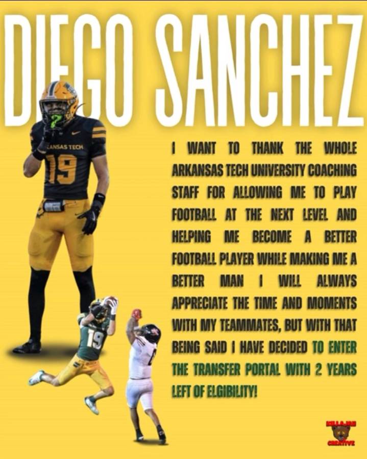 Diego Sanchez announced his decision to enter the transfer portal after recording 100 total tackles and five interceptions at Arkansas Tech.