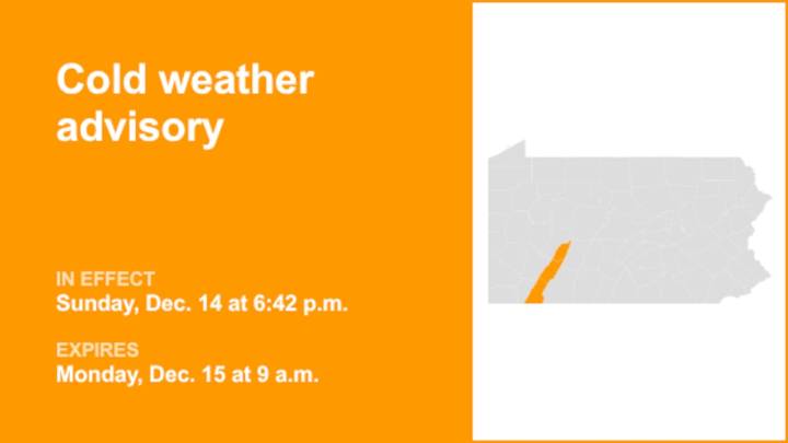 Cold weather advisory in place for Southwest Pa. until Monday morning 