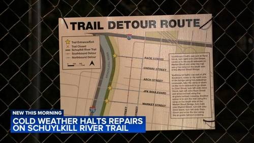 Cold temperatures halt repairs on closed portion of Schuylkill River Trail in Center City Philadelphia