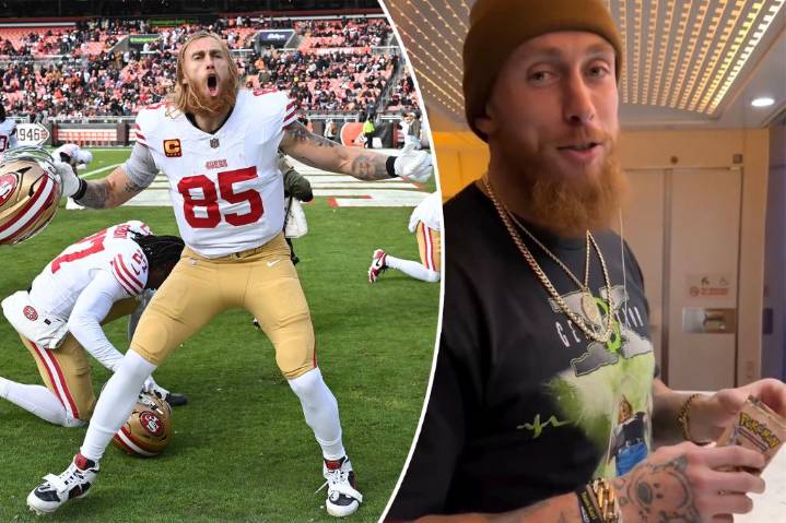 George Kittle rips rare Pokémon pack after 49ers' blowout win: 'That was sick'