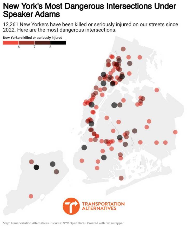 Which NYC intersections have had the most traffic deaths and injuries since 2022?
