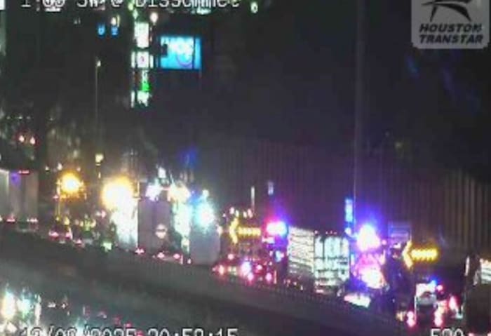 Multiple northbound lanes of I-69 closed at Bissonnet due to hazmat spill caused by earlier truck crash