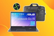 Laptop barata con teclado completo y 128 GB de memoria. Trae estuche de transporte de regalo