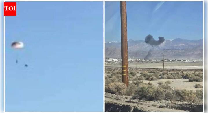 Watch: US Thunderbirds F-16 erupts in flames near Trona Airport; video shows pilot drifting by parachute