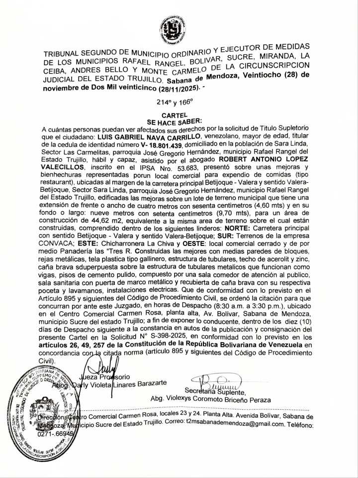 Cartel. Se hace saber A cuántas personas puedan ver afectados sus derechos por la solicitud de Titulo Supletorio sobre unas mejoras y bienhechuras representadas porun local comercial para expendio de