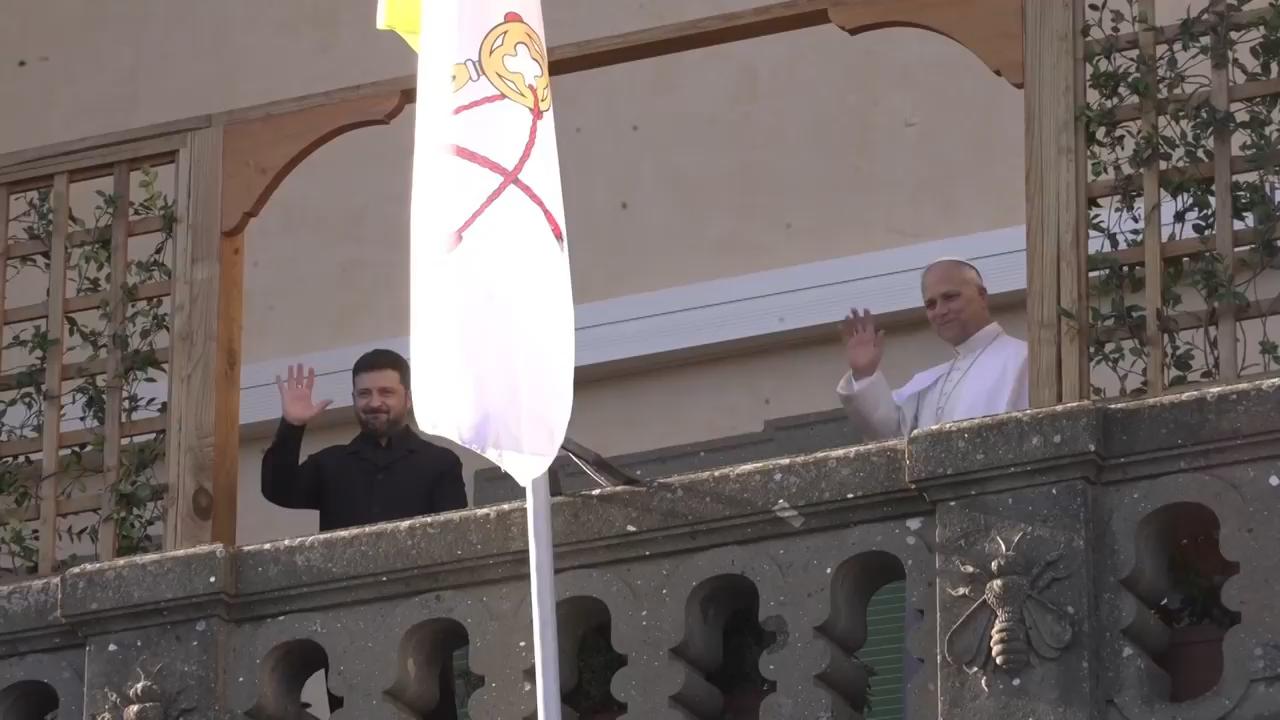 Pope Leo XIV and Zelenskyy wave to cameras after Castel Gandolfo meeting